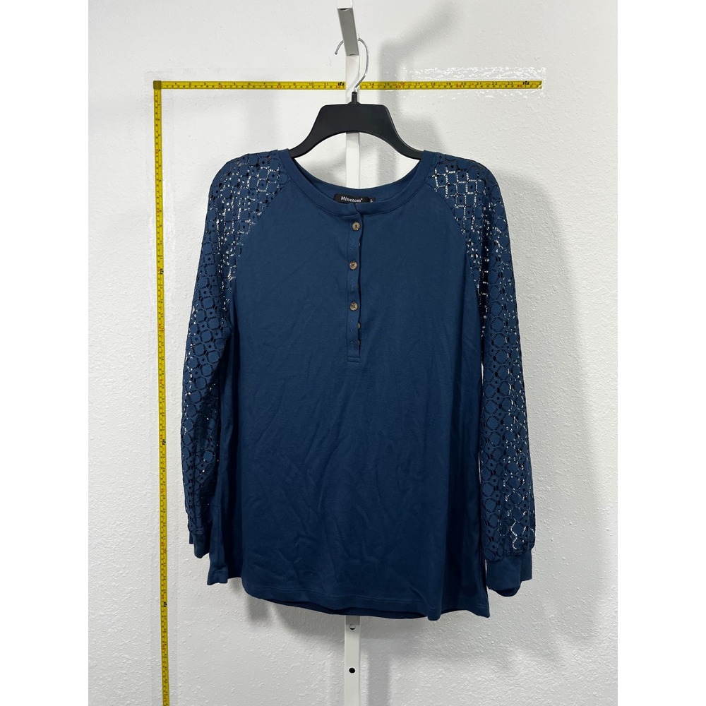 Minetom Womens Navy Blue Crochet Lace Long Sleeve Henley Top Size Large L